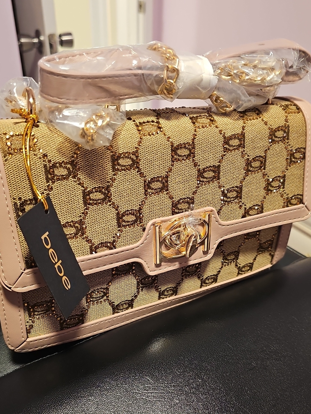 bebe Beige Monogram Canvas Crossbody with Pink Trim and Gold Hardware - Bundle